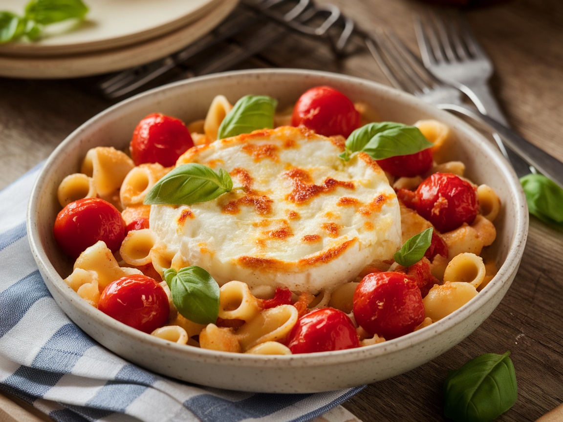 Easy Baked Feta Pasta Recipe Baked feta pasta with melted feta, roasted tomatoes, and fresh basil, served in a rustic bowl.